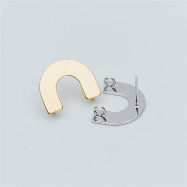 10pcs Gold/ Silver tone Horseshoe Stud Earrings, Real Rhodium plated Brass, U-shaped Ear Posts with Ring/Loop (GB-624-C)