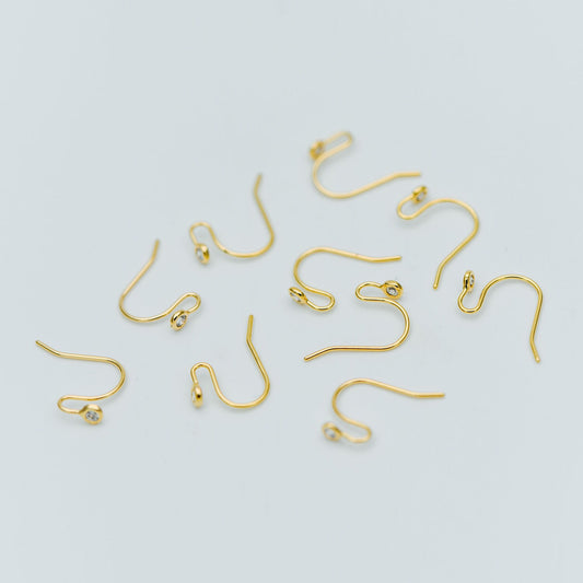 10pcs CZ Pave Gold/ Silver tone Earring Hooks, Real Gold/ Rhodium plated Brass, Simple Earwires with CZ End 15mm (GB-599)