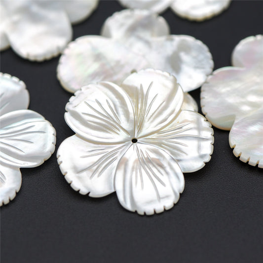 10pcs White Mother of Pearl Shell Flowers 27mm, Large MOP Carved Flowers, Center Drilled -(V1338)