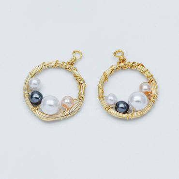 8pcs Gold Wire Wrapped Round Circle Charms 18x24mm, Faux Pearl Beaded Pendants, Geometric Earring Components (GB-562)