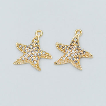 4pcs CZ Pave Gold Starfish Charms 15mm, Real 18K Gold plated Brass Star Pendants (GB-722-B)