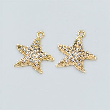4pcs CZ Pave Gold Starfish Charms 15mm, Real 18K Gold plated Brass Star Pendants (GB-722-B)