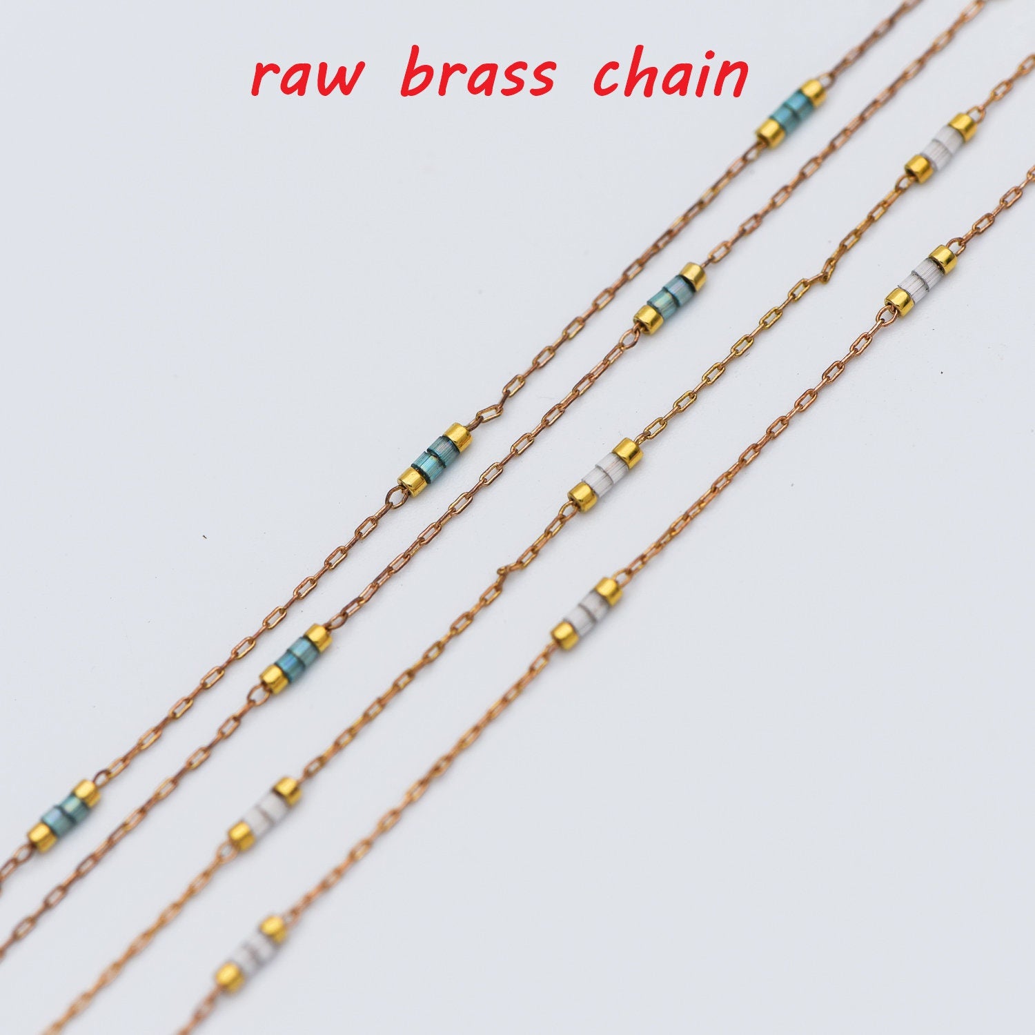 Dainty Miyuki Seed Glass Bead Chain 1.8mm, Unplated Brass Beaded Tiny Chain, Blue/ White (#LK-213)/ 1 Meter=3.3ft