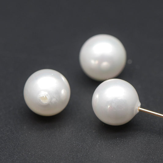 10pcs White Smooth Round Shell beads with Pearl-Colored Coating, Half Hole Drilled, Faux Pearl, 3/ 4/ 5/ 6/ 8/ 10/ 12mm- (BK-022)