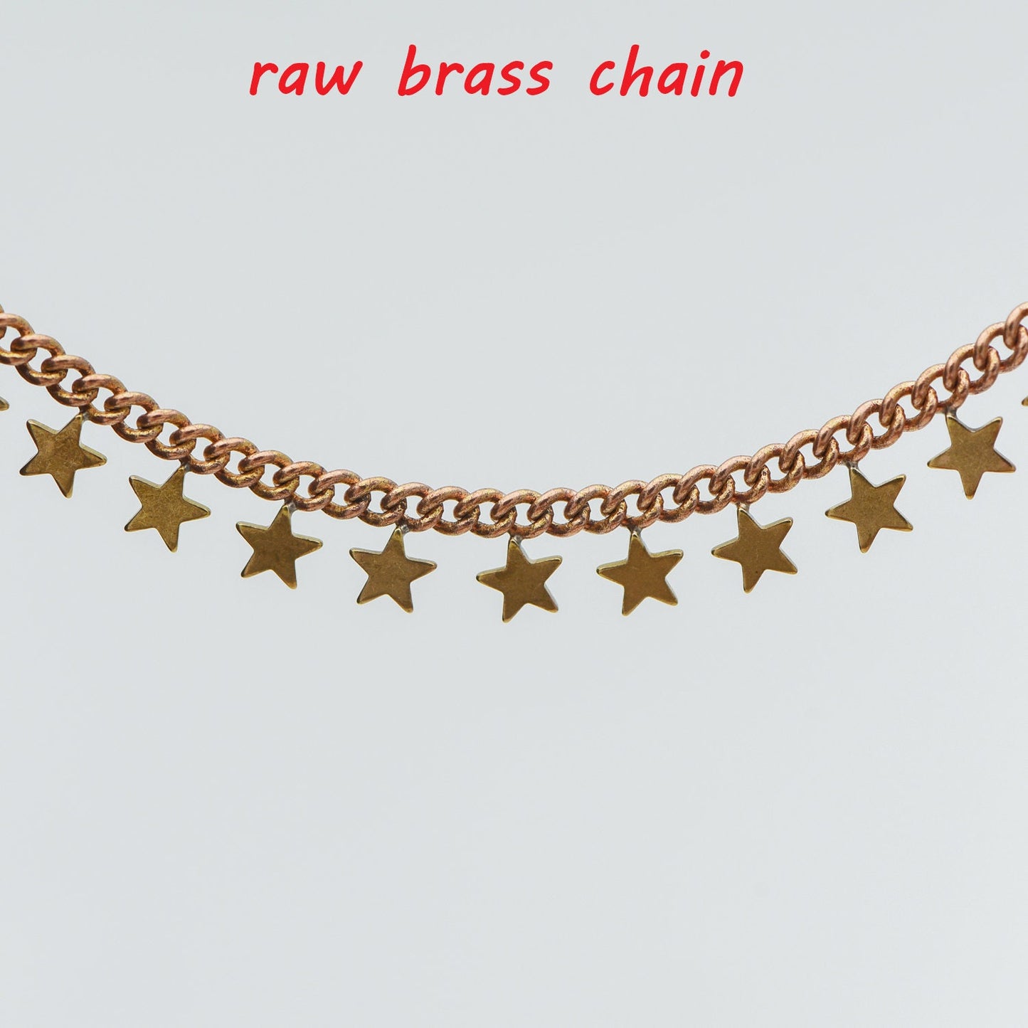 Raw Brass Star Beaded Chain, Unplated Curb Chain with Star Charms, Vintage Styled (#LK-222-RB)/ 1 Meter=3.3ft