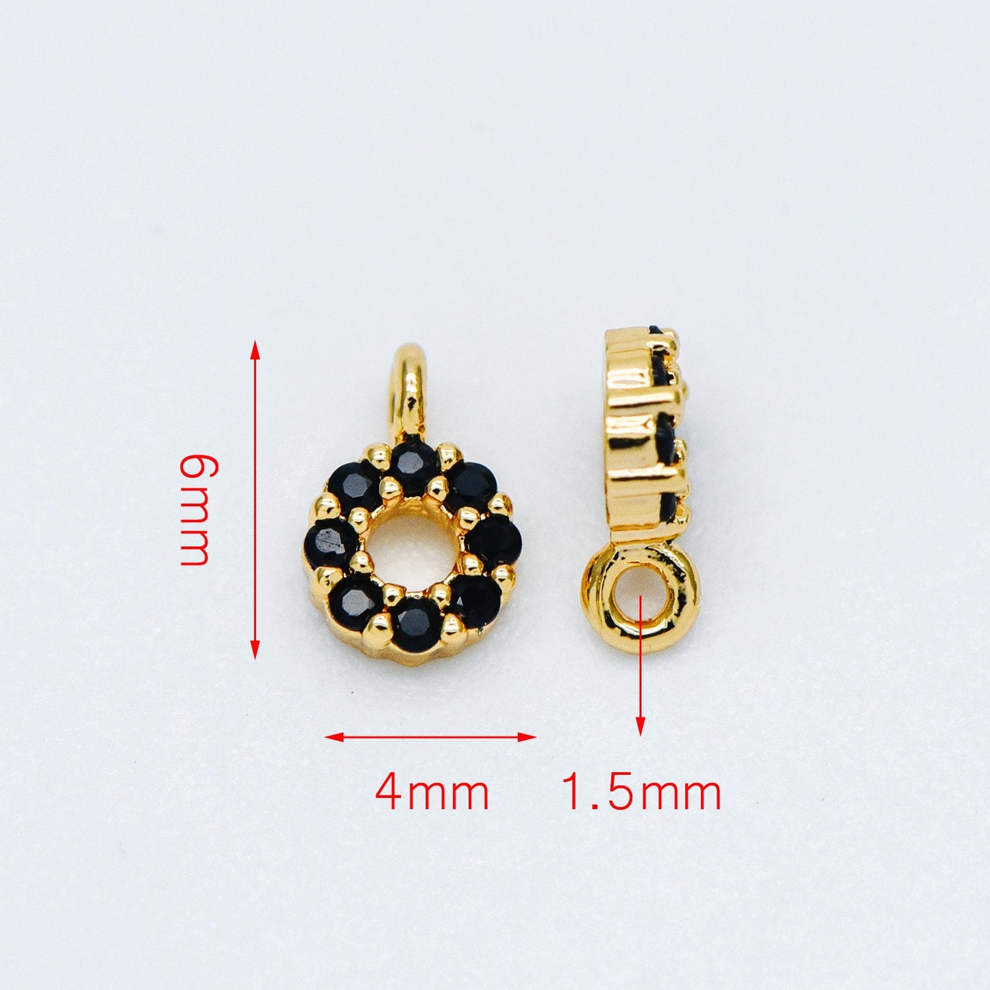 4pcs CZ Pave Gold Circle Charm Pendants 4x6mm, Real Gold plated Brass, Mini Ring Charms, Clear/ Black (GB-376-A)