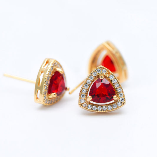 4pcs Red Triangle Stud Earrings, CZ Pave Gold plated Brass Ear Posts 11mm (#GB-571)
