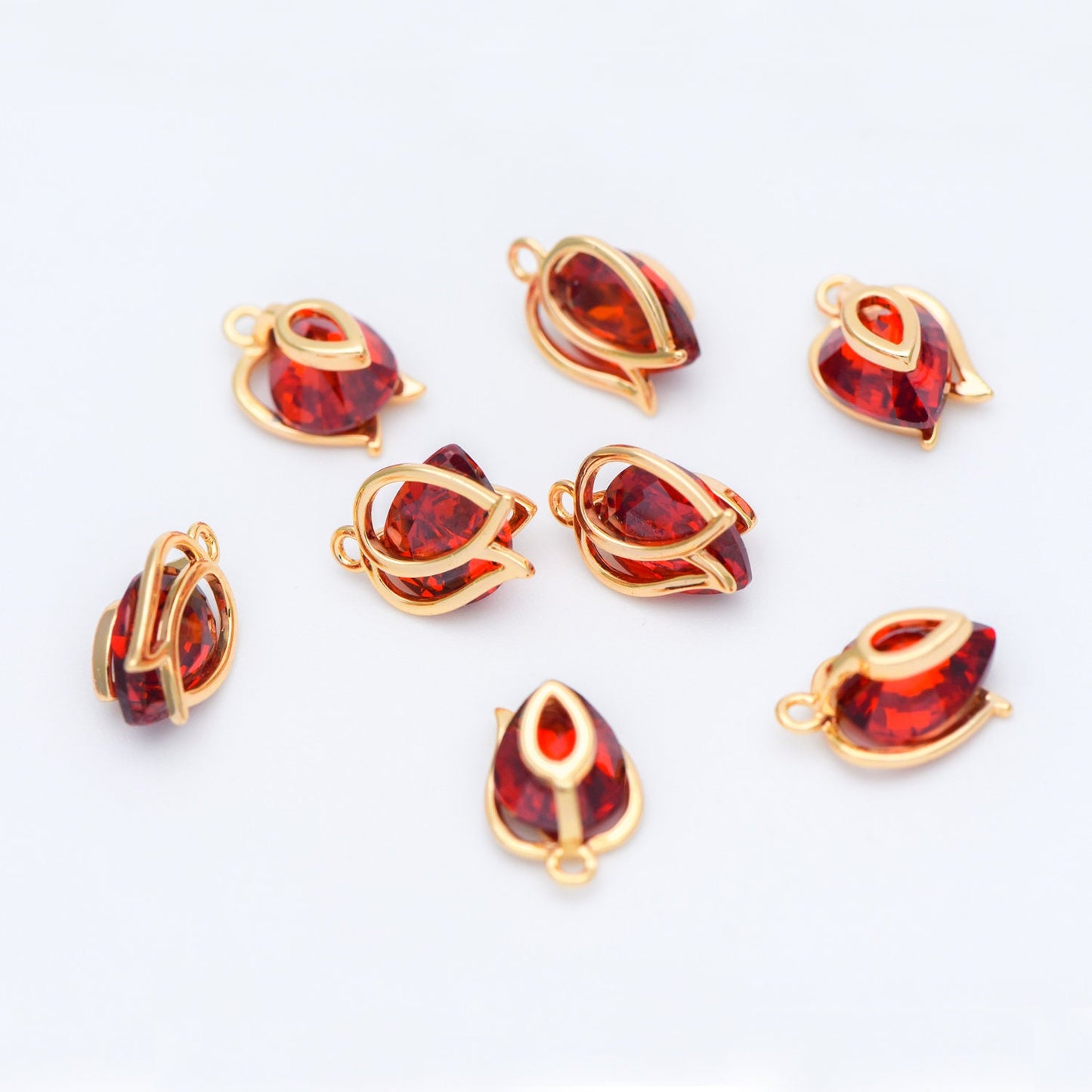 4pcs CZ Paved Gold Flower Charms 12x8mm, Real Gold plated Brass, Red Cubic Zirconia Pendants (GB-3579-A)