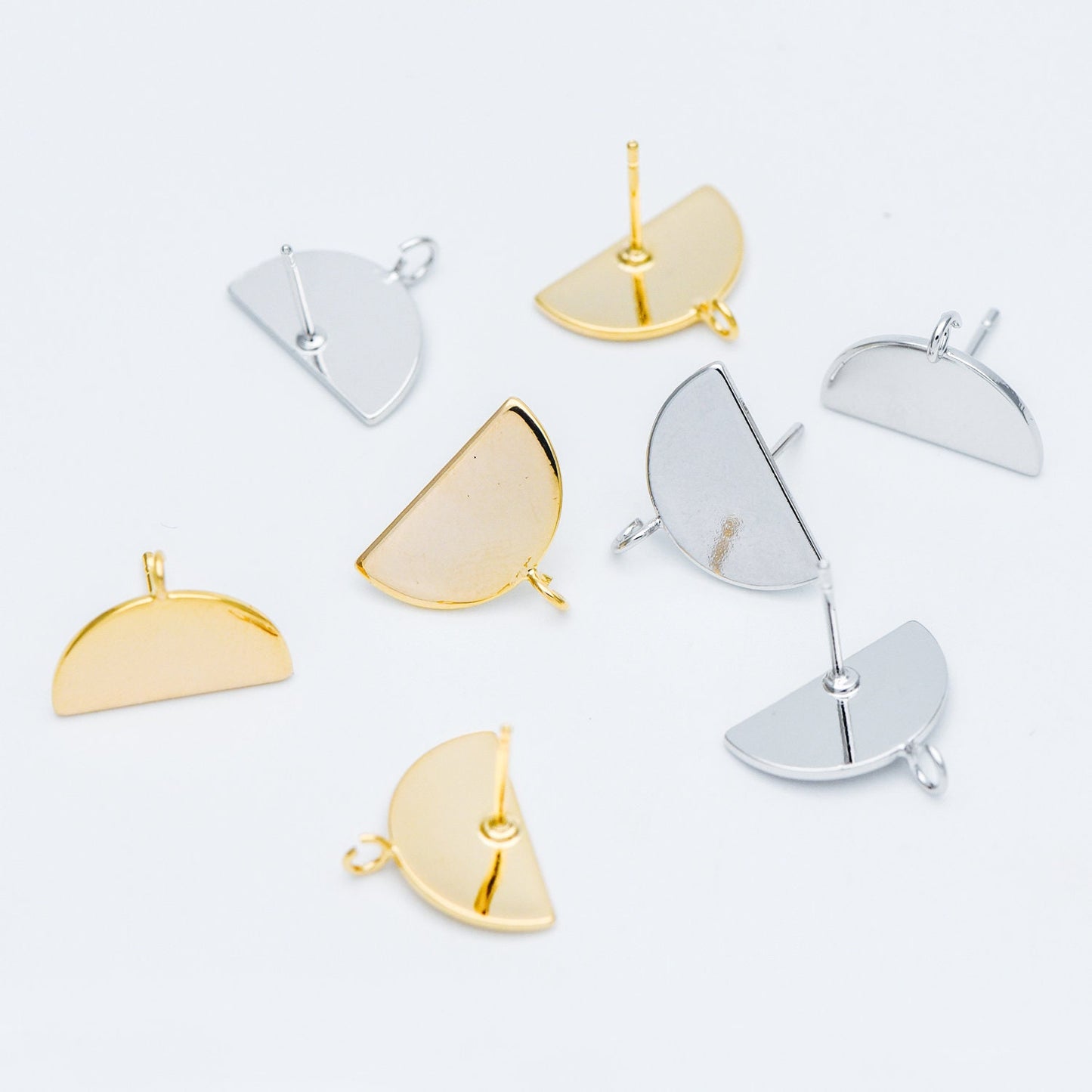 10pcs Gold/ Silver Geometric Ear Posts 16mm, Gold/ Rhodium plated Brass, Semi-circle Half Moon Fan Shaped Stud Earrings (GB-576)