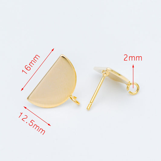 10pcs Gold/ Silver Geometric Ear Posts 16mm, Gold/ Rhodium plated Brass, Semi-circle Half Moon Fan Shaped Stud Earrings (GB-576)