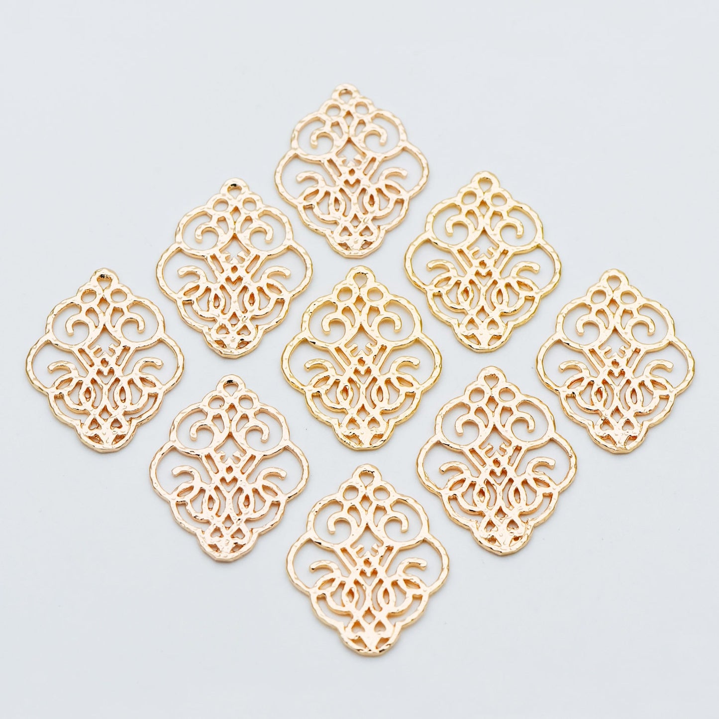 10pcs Gold Filigree Charm Connectors, Gold plated Brass Earring Charms, Necklace Pendants with Loops 28x23mm (GB-890-C)