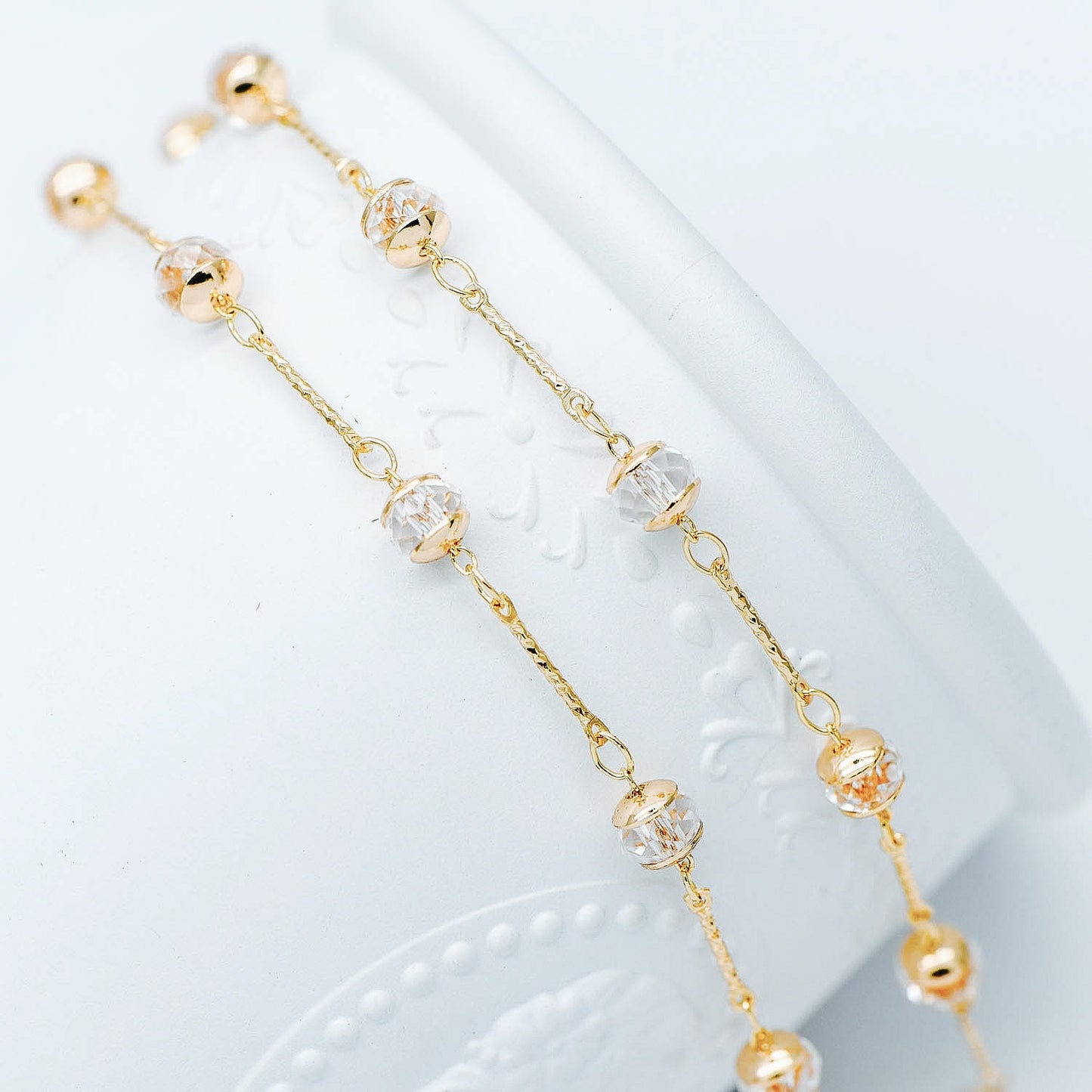 Gold Crystal Beaded Chain, 18K Gold plated Brass Chain with Crystal Rondelle Beads (#LK-216-1)/ 1 Meter=3.3ft