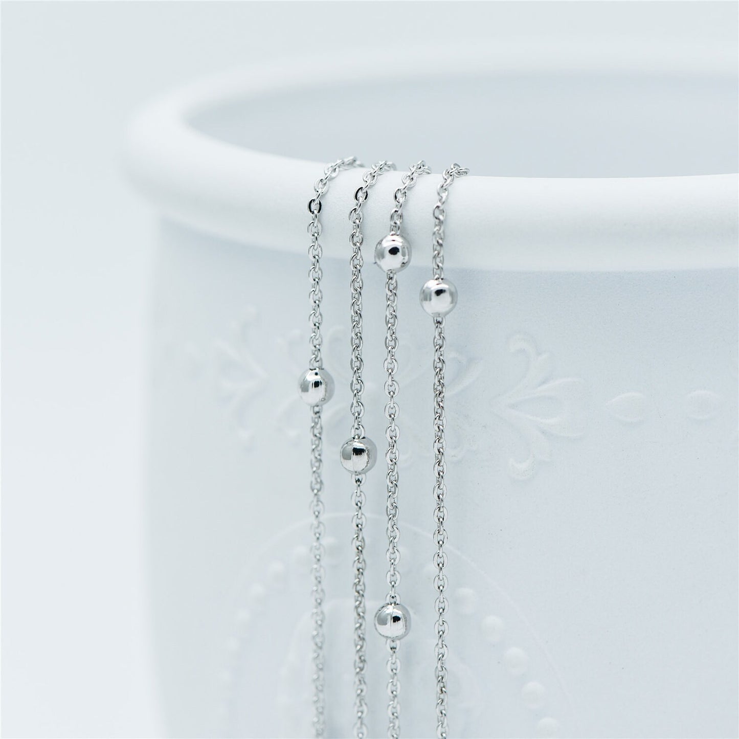 Silver tone Satellite Chains, 1.2mm Chain with 3mm Round Beads, Rhodium plated Brass Beaded Cable Chain (#LK-225-2)/ 1 Meter=3.3 ft