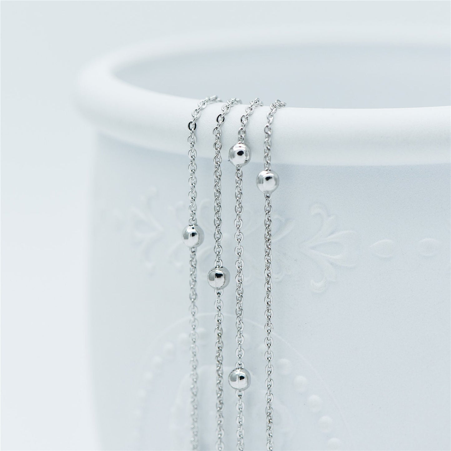 Silver tone Satellite Chains, 1.2mm Chain with 3mm Round Beads, Rhodium plated Brass Beaded Cable Chain (#LK-225-2)/ 1 Meter=3.3 ft