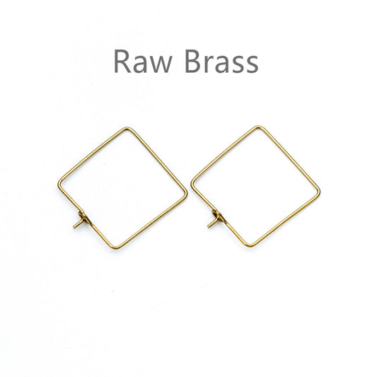 50pcs Raw Brass Square Earring Hoops 22mm, Geometric Ear Wire Charm Pendants, Threader Earring Components (RB-168)