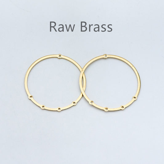 10pcs Raw Brass Circle Charms 33mm, Round Loop Pendants, Multi Hole Connectors (RB-160)
