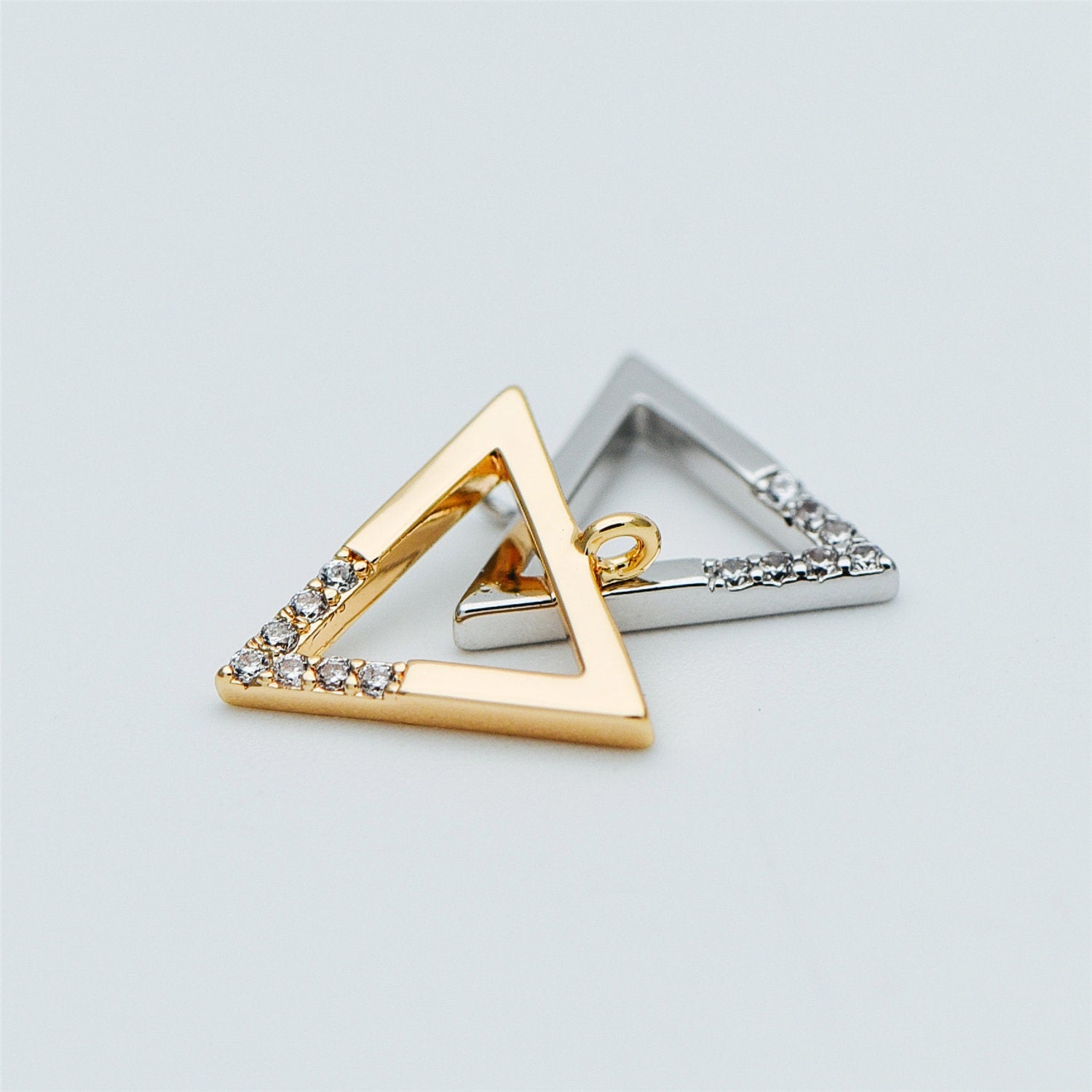 10pcs Gold/ Silver tone Triangle Charms 12mm, CZ Pave Geometric Pendants, Real Gold/ Rhodium plated Brass (GB-621)