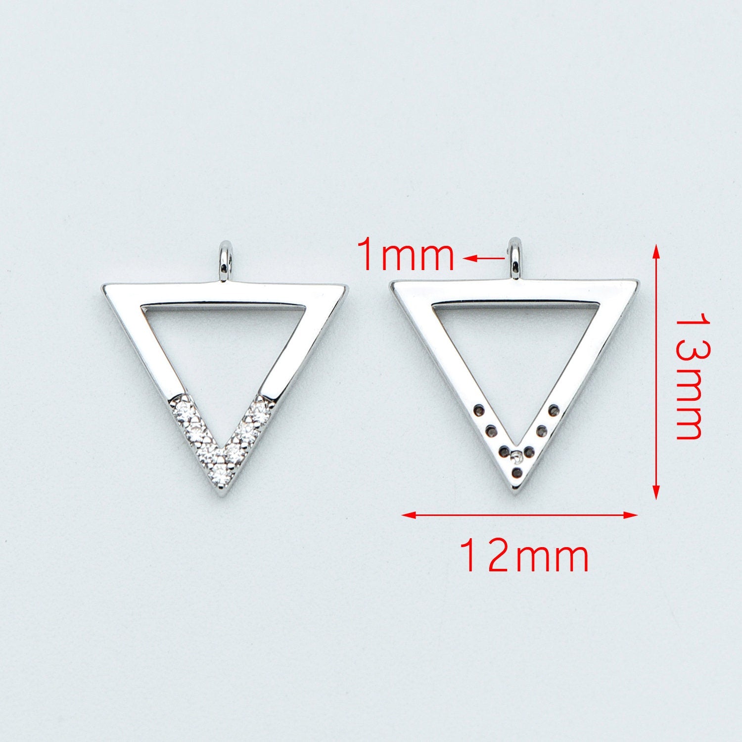 10pcs Gold/ Silver tone Triangle Charms 12mm, CZ Pave Geometric Pendants, Real Gold/ Rhodium plated Brass (GB-621)