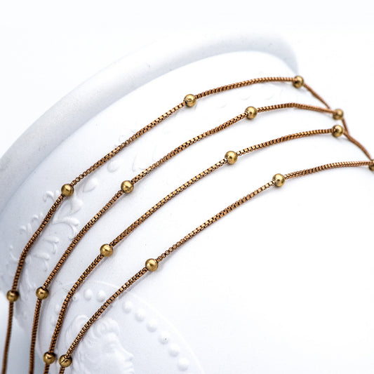 Dainty Raw Brass Beaded Box Chains, 0.9mm Box Chain with 2.5mm Round Ball Beads, Tiny Necklace Chain Wholesale (#LK-261-RB)/ 1 Meter=3.3 ft