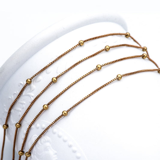 Dainty Raw Brass Beaded Box Chains, 0.9mm Box Chain with 2.5mm Round Ball Beads, Tiny Necklace Chain Wholesale (#LK-261-RB)/ 1 Meter=3.3 ft