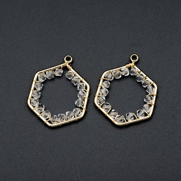 10pcs Gold Beaded Hexagonal Charms , Wired Crystal Beads Geometric Pendants, Dangle Earring Components (GB-684)