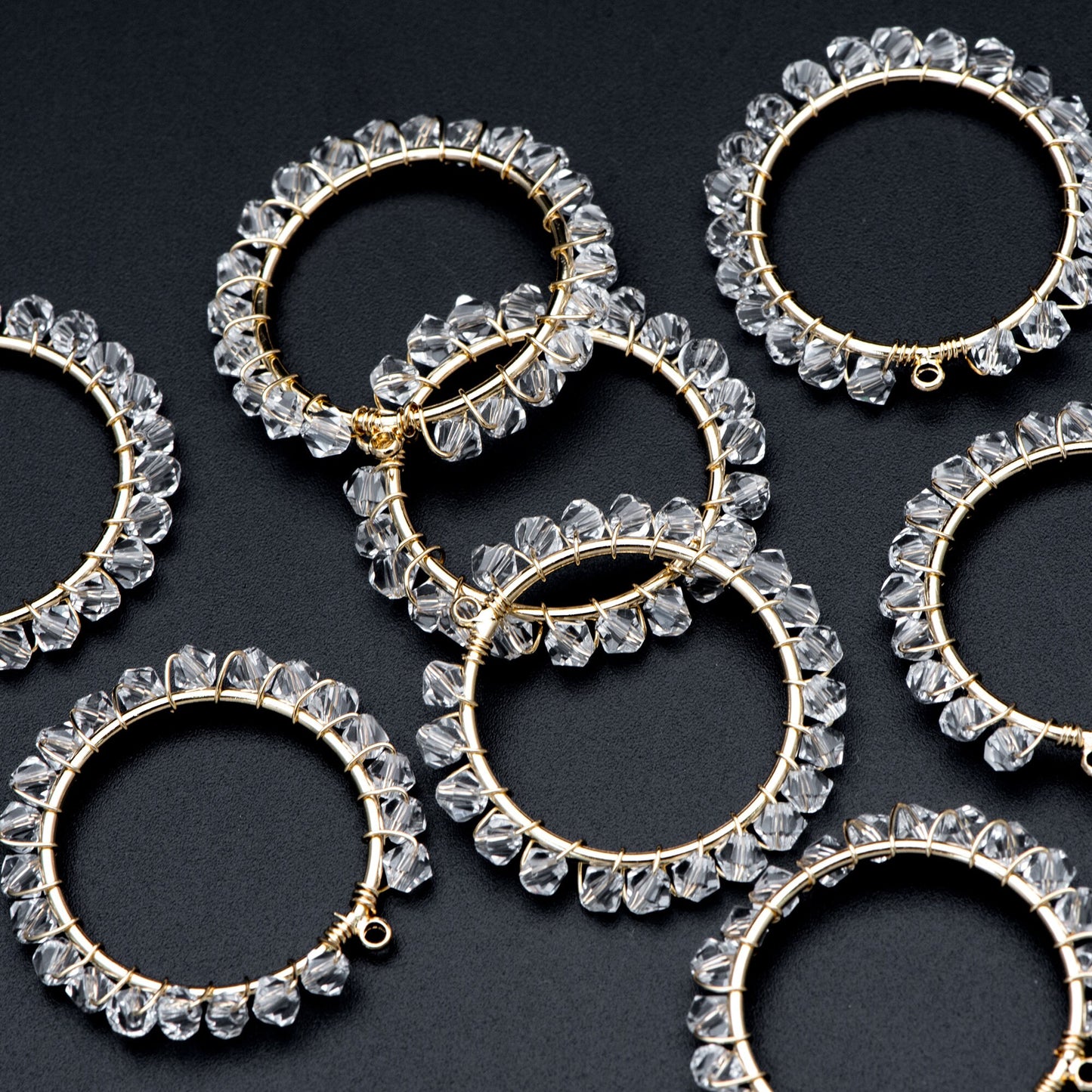 10pcs Gold Beaded 29mm Round Circle Charms , Wired Crystal Beads Geometric Pendants, Dangle Earring Components (GB-552-E)