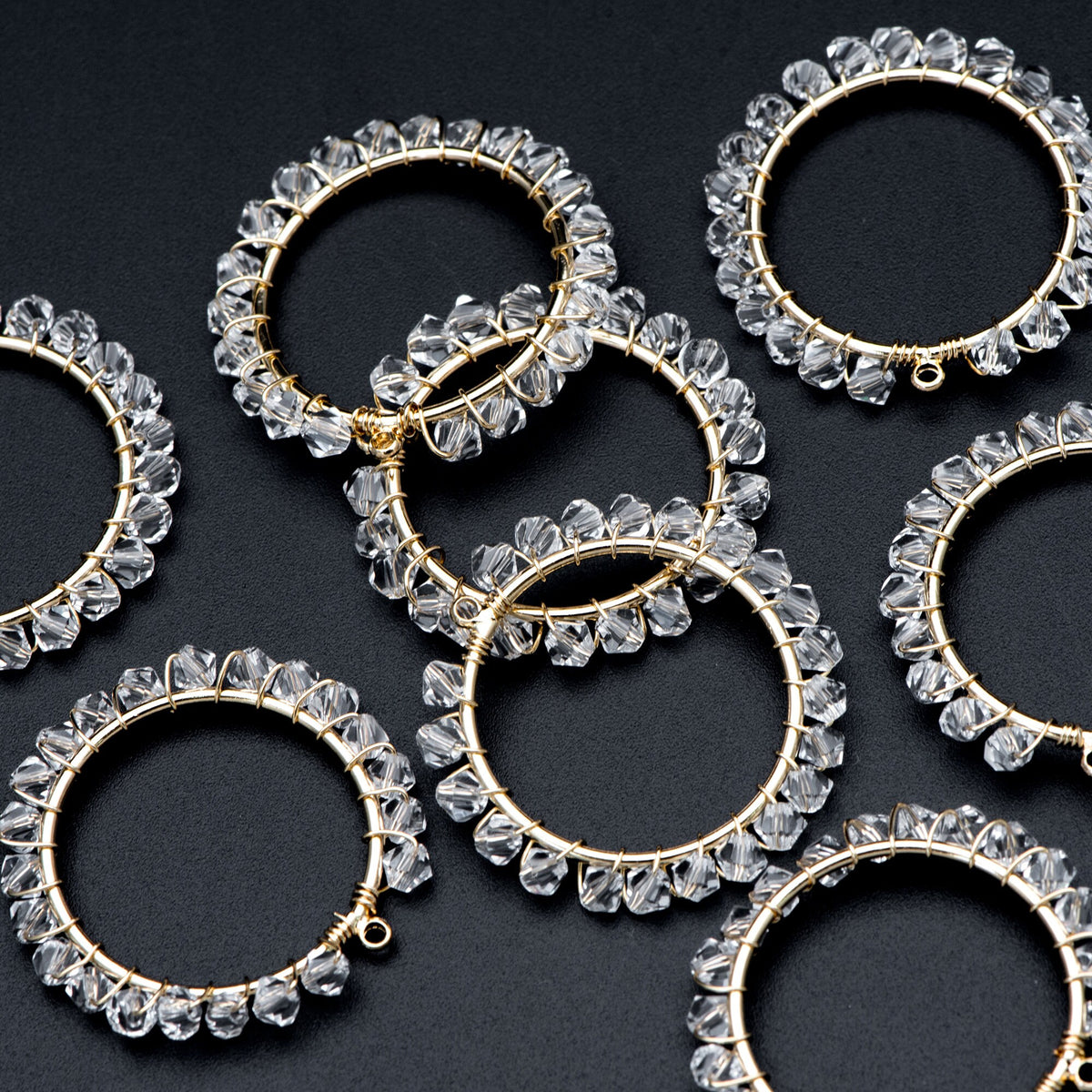 10pcs Gold Beaded 29mm Round Circle Charms , Wired Crystal Beads Geometric Pendants, Dangle Earring Components (GB-552-E)