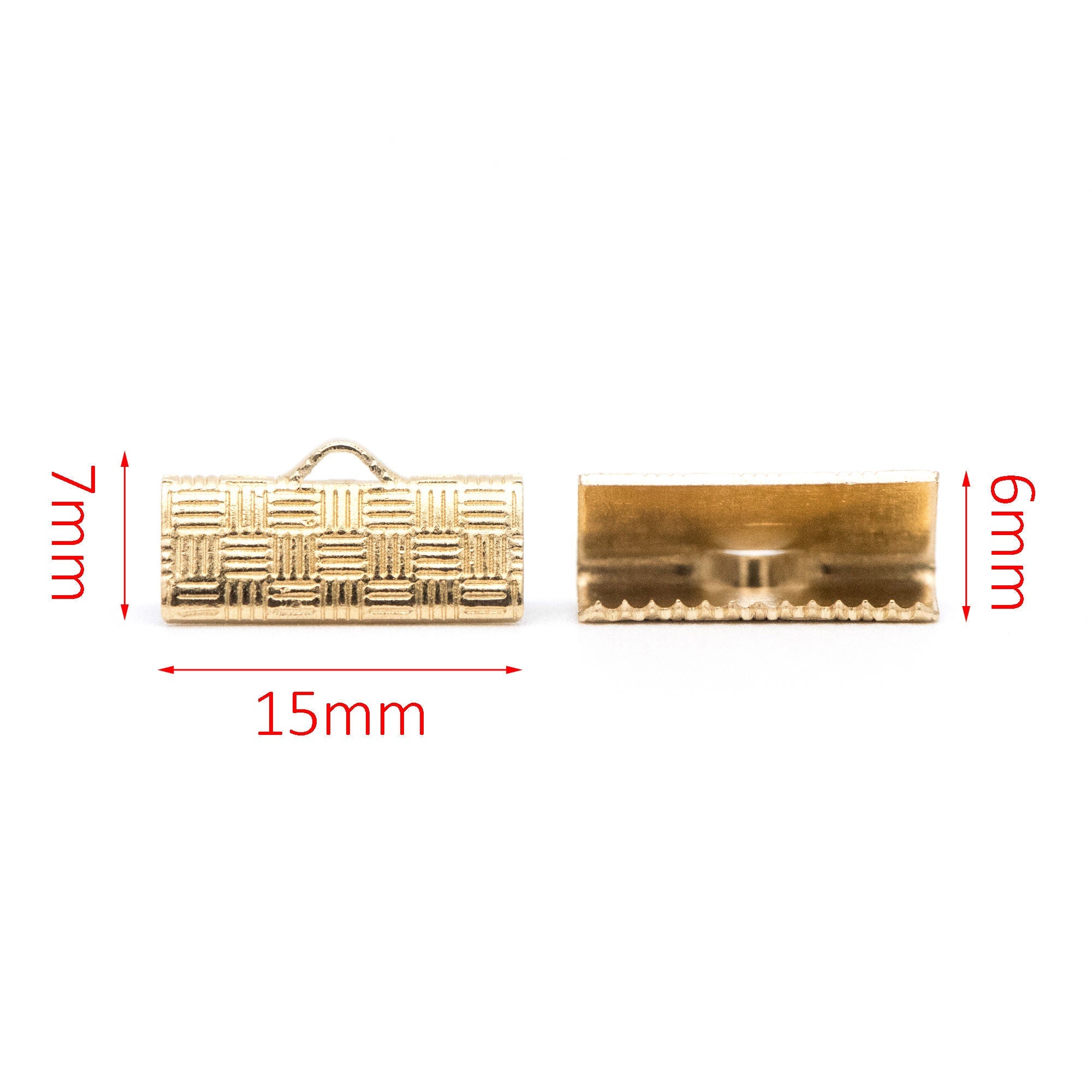 50pcs Raw Brass Crimp End Tips, Leather Hemp or Cord End Caps 6/ 15mm (RB-107)