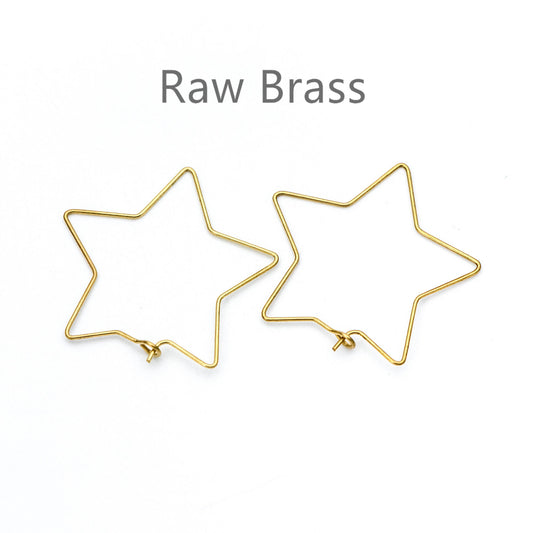 50pcs Raw Brass Star Earring Hoops 35mm, Ear Wire Threader Earrings (RB-164)