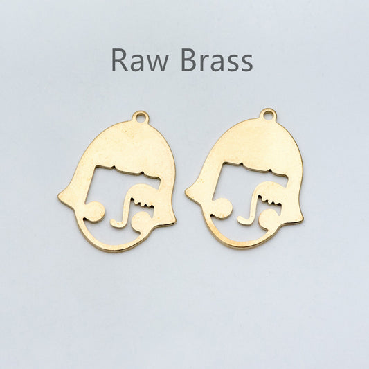 10pcs Raw Brass Face Outline Charms 32x25mm, Vintage Styled Face Pendants Wholesale (RB-153)