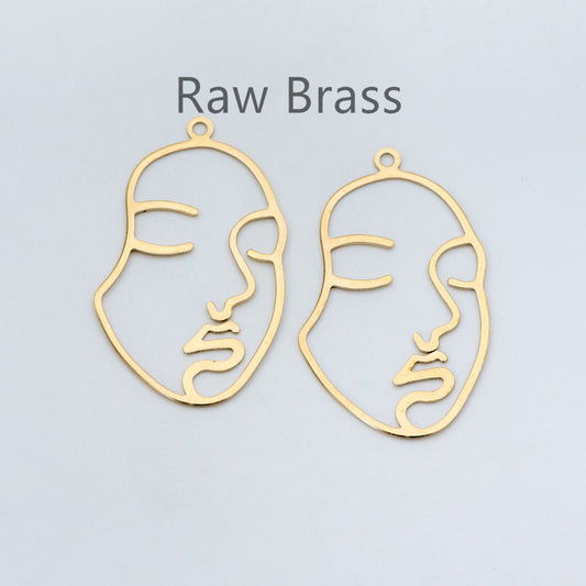 10pcs Raw Brass Face Outline Charms 43x26mm, Vintage Styled Face Pendants Wholesale (RB-140)