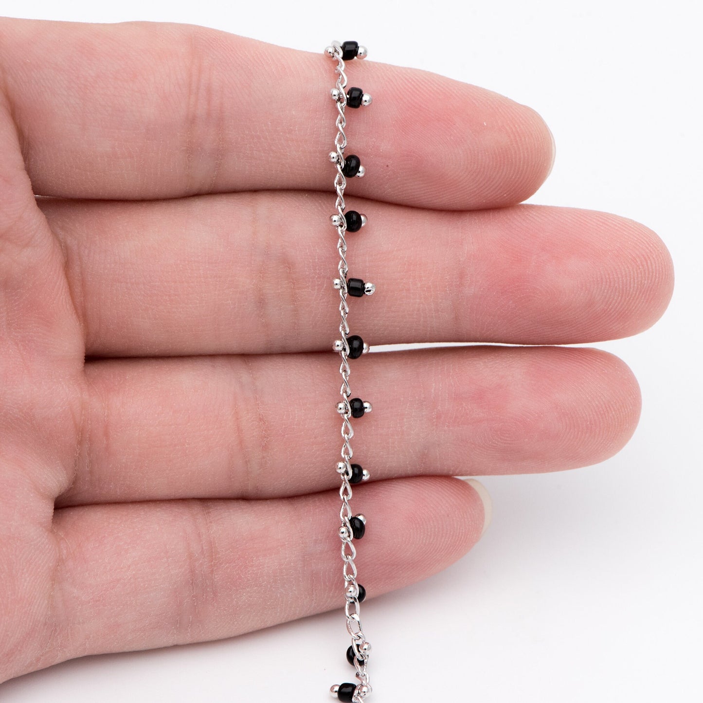 Rhodium plated Brass Beaded Chains, Silver tone Chain with Black Glass Seed Beads, Necklace Chain Components (#LK-271-2)/ 1 Meter=3.3 ft