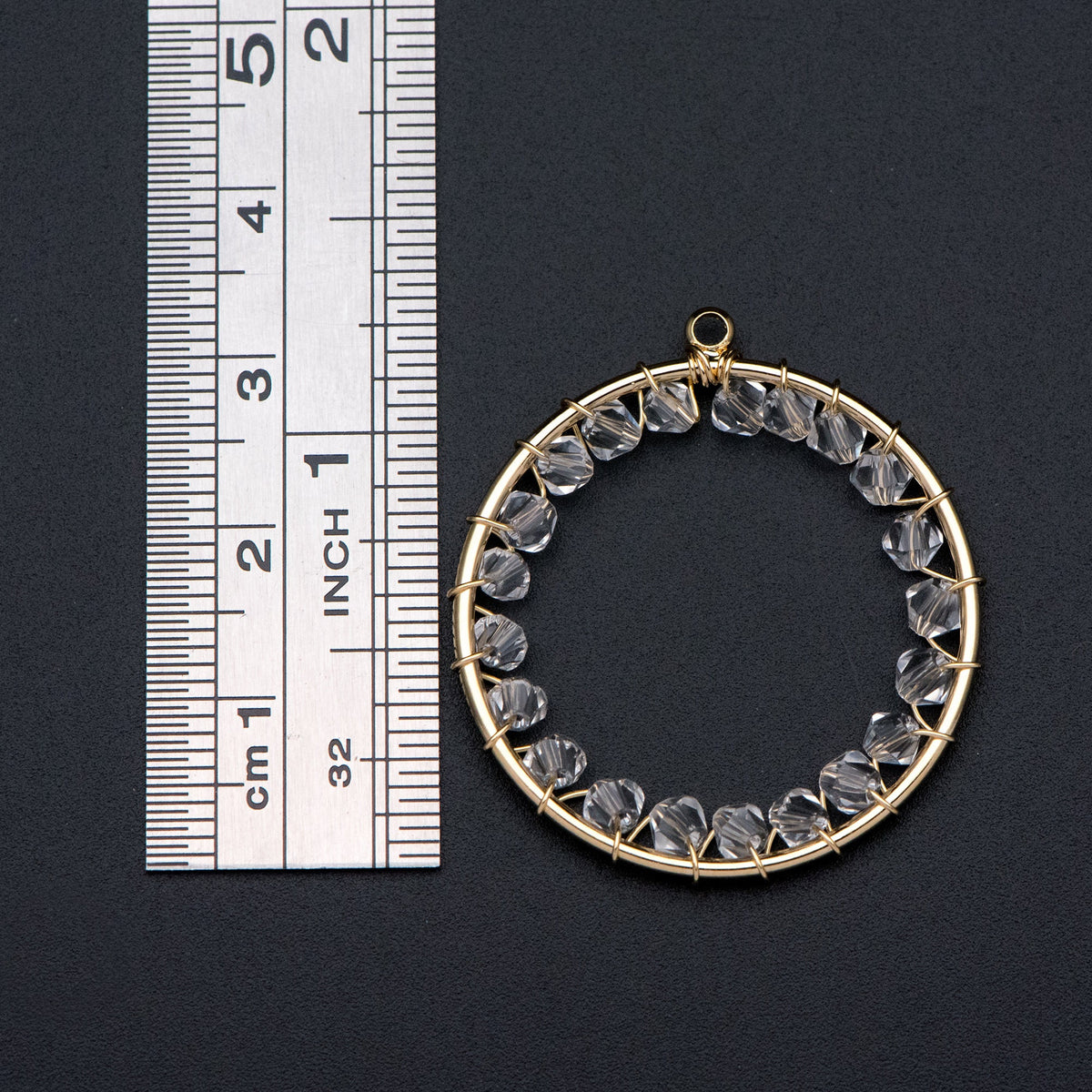 10pcs Gold Beaded 31x33mm Round Loop Charms, Wired Crystal Beads Geometric Hoop Pendants, Dangle Earring Components (GB-552-G)