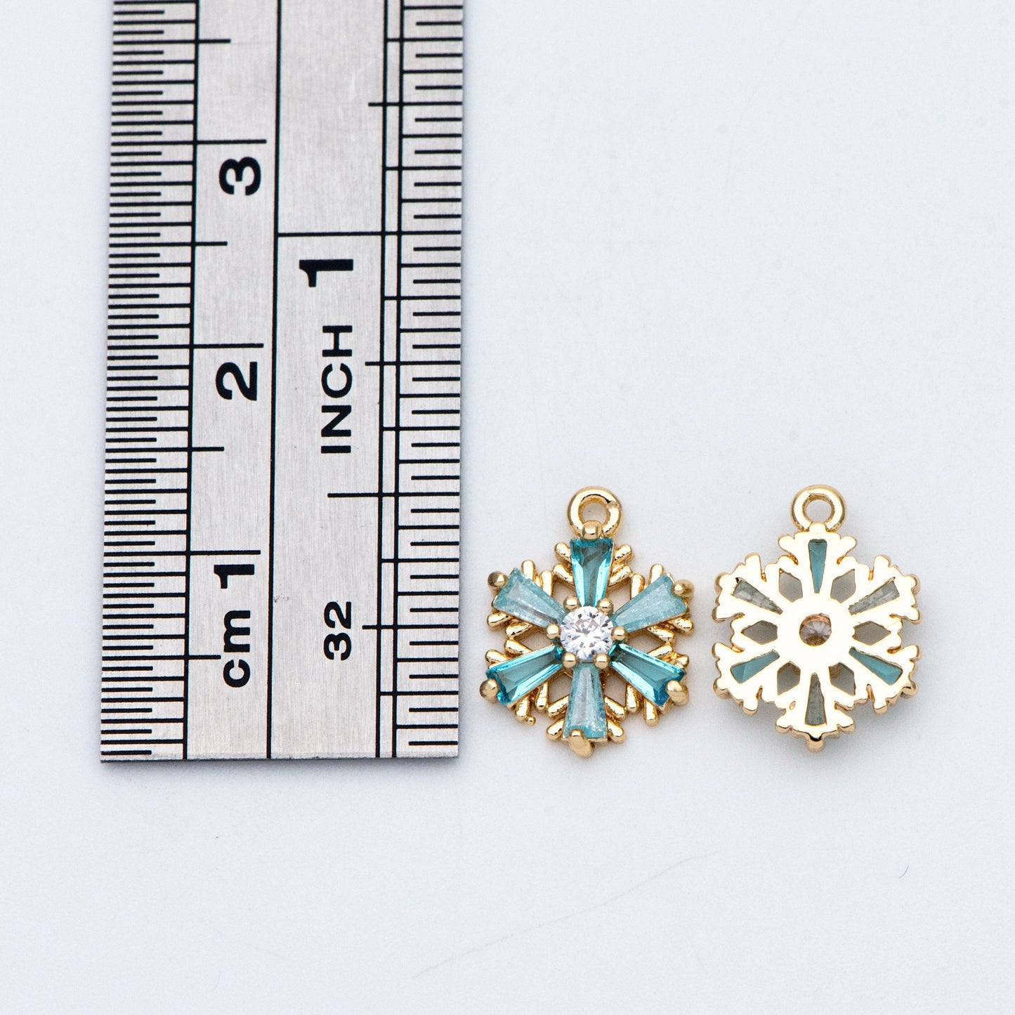 4pcs Gold Snowflake Charms: CZ Pave Aqua Rhinestone Pendants, 11x13mm (GB-713-G)