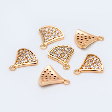 4pcs CZ Pave Gold Fan Shaped Charm Connectors 9mm, 18K Gold plated on Brass (GB-735)