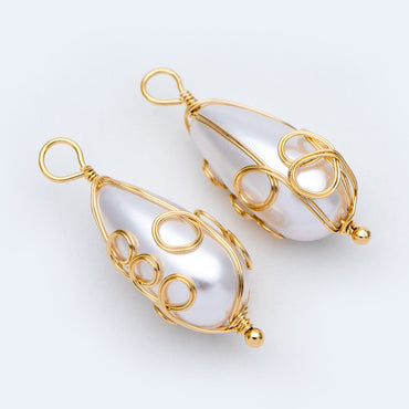 10pcs Gold Wire Wrapped Teardrop Charms 30x11mm, Wired Faux Pearl Pendants (GB-696)