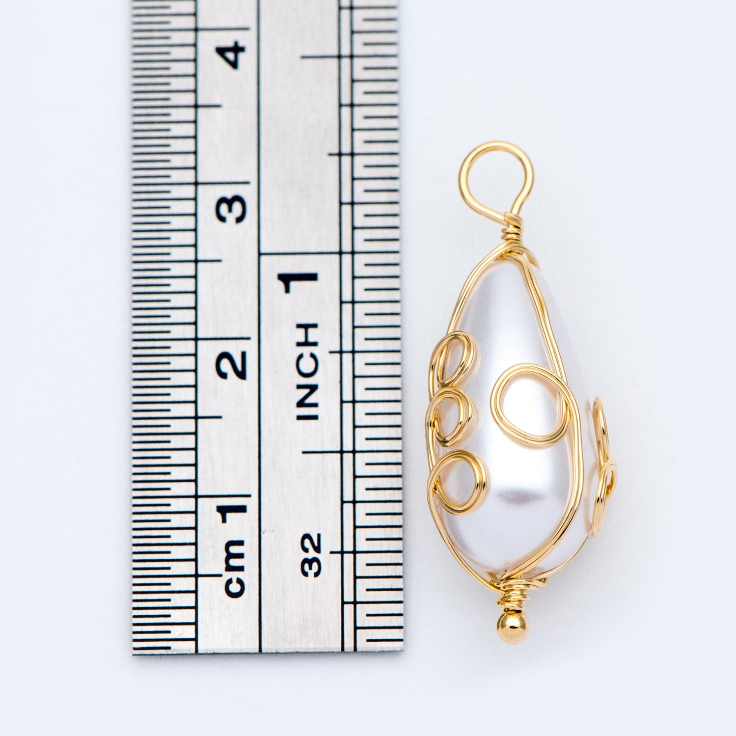 10pcs Gold Wire Wrapped Teardrop Charms 30x11mm, Wired Faux Pearl Pendants (GB-696)