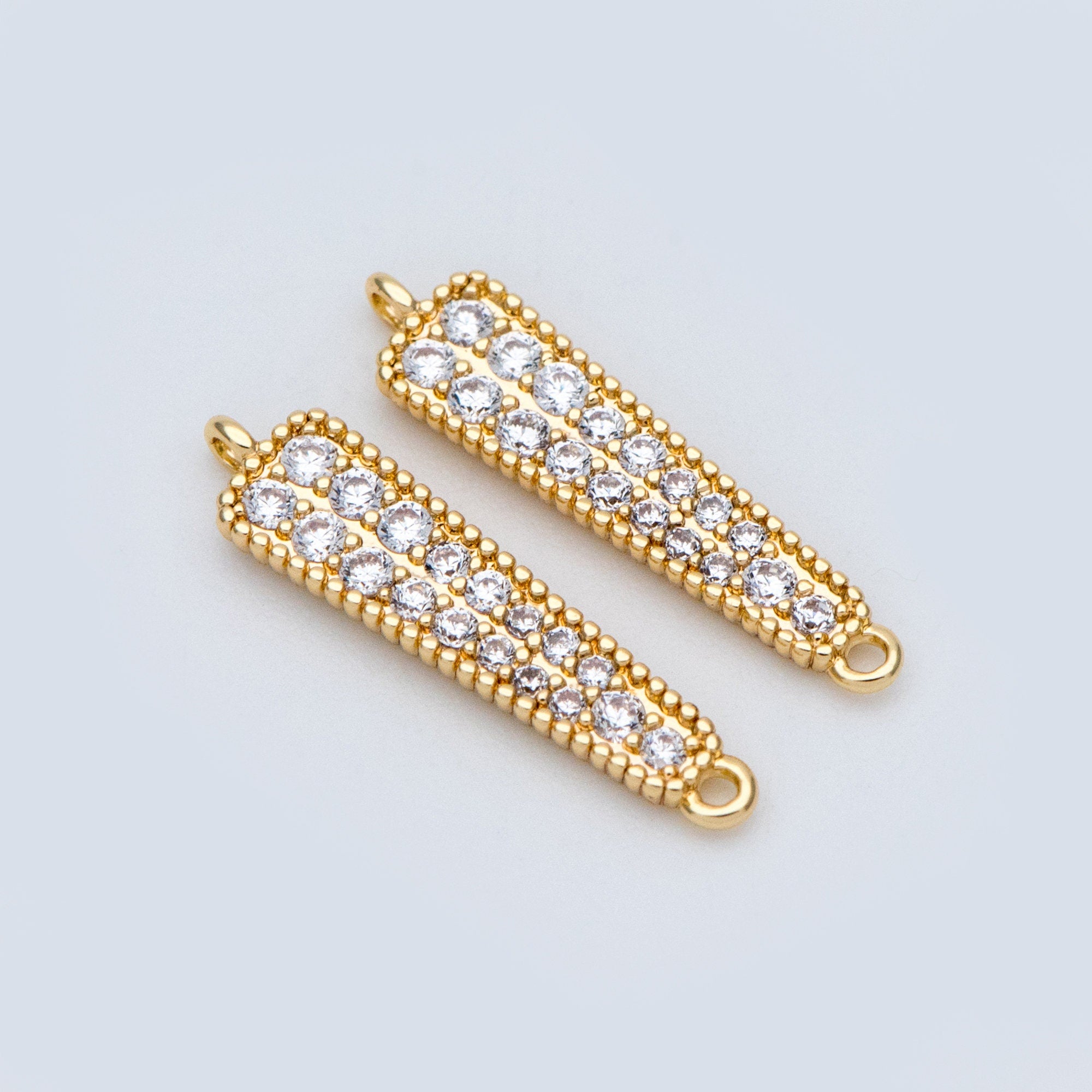 4pcs CZ Micro Pave Bar Connectors 17mm, Real Gold plated Brass, Cubic Zirconia Stick Charm Pendants (GB-731)