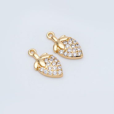 4pcs CZ Pave Gold/ Silver Tone Strawberry Charm Pendants 12x6mm, 18K Gold/ rhodium plated on Brass (GB-769)
