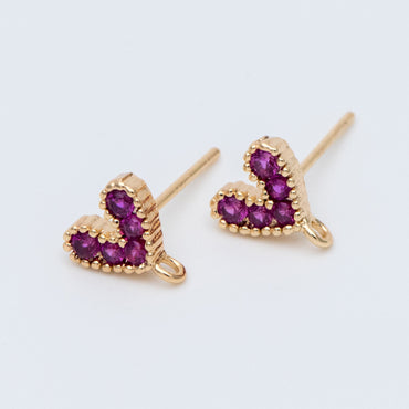 10pcs CZ Pave Gold Heart Ear Posts, 18K Gold plated Brass, Purple Heart Stud Earrings (GB-765)