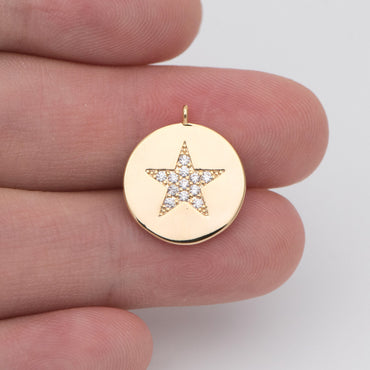 4pcs CZ Pave Gold Star Charms 15mm, Real Gold plated Brass, Round Coin Disk Pendants (GB-2900-A)