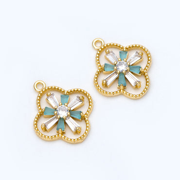 4pcs CZ Pave Gold Charms 19x16mm, Rhinestone Clover Pendants, Real Gold plated Brass Findings (GB-3486-G)