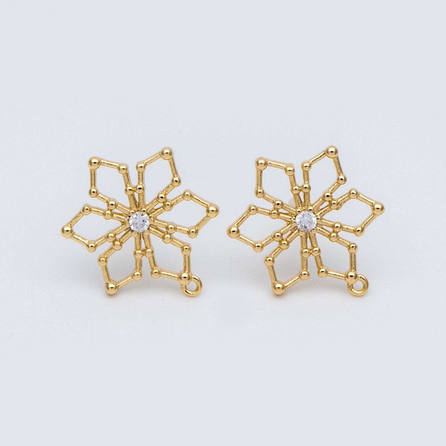 10pcs CZ Pave Snowflake Ear Posts 15mm, Real Gold Plated Brass Earrings, Sterling Silver Stud (GB-740)