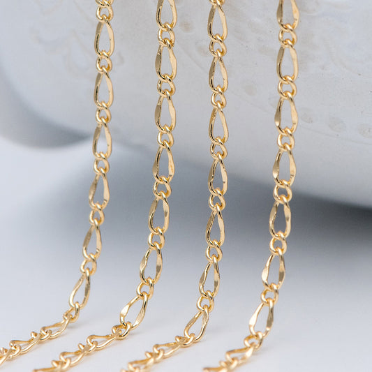 Gold plated Brass Figaro Chains 2.5mm, Necklace Chain Supplies Findings Wholesale (#LK-282)/ 1 Meter=3.3 ft