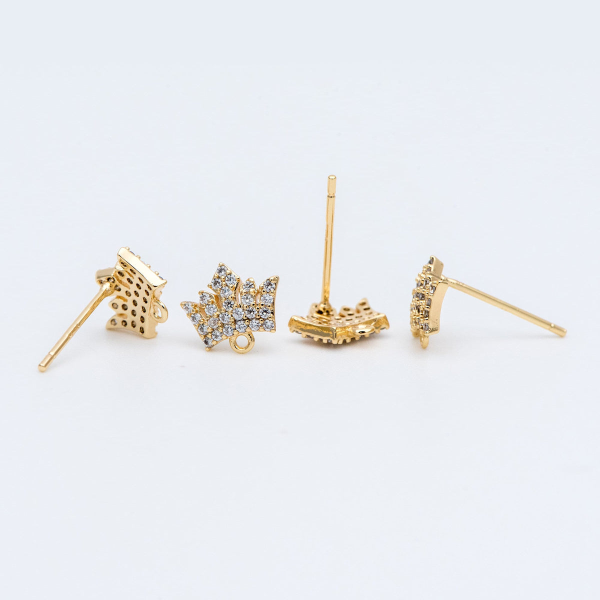 4pcs CZ Pave Crown Ear Posts 8mm with Loops, Real Gold Plated Brass Stud Earrings (#GB-733)