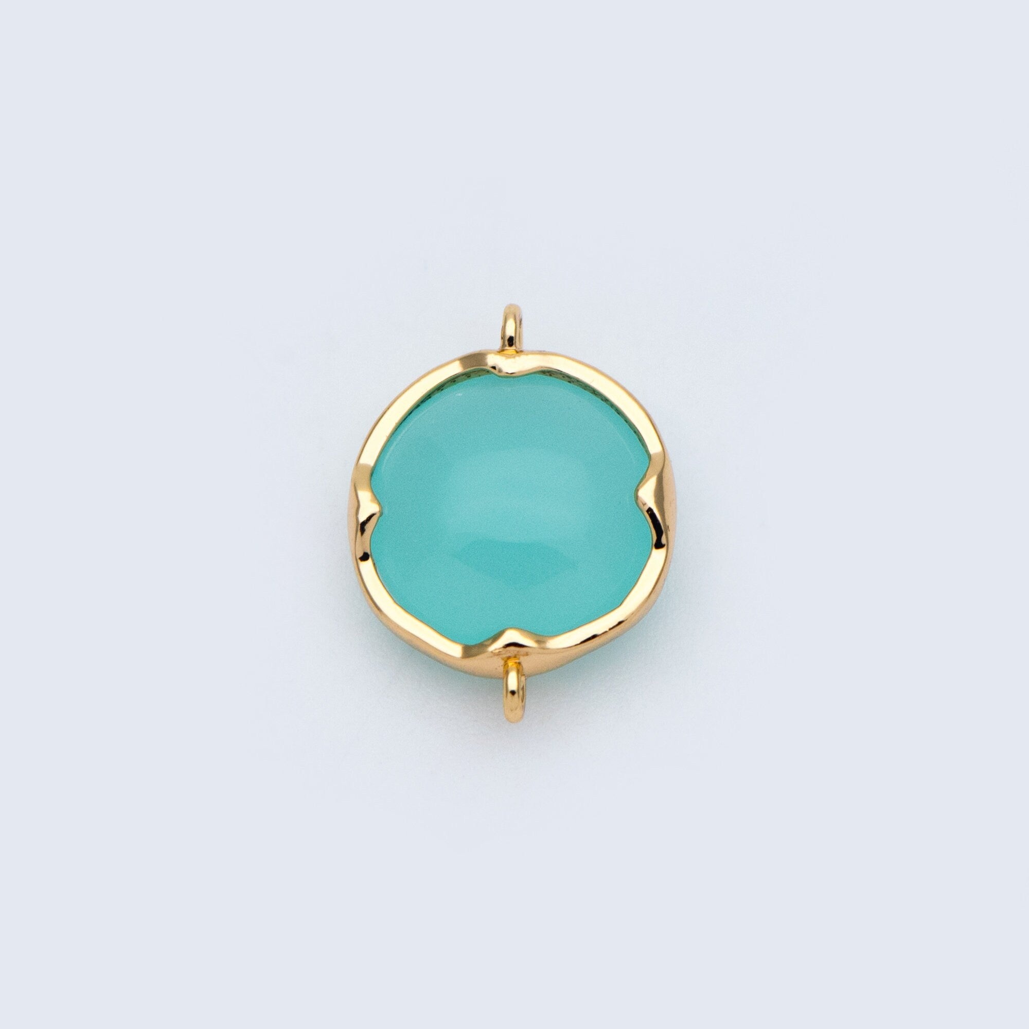 10pcs Gold Framed Glass Connector 15x11mm, Round Coin Bezel Charm Pendants, Clear Mint Blue (GB-805)