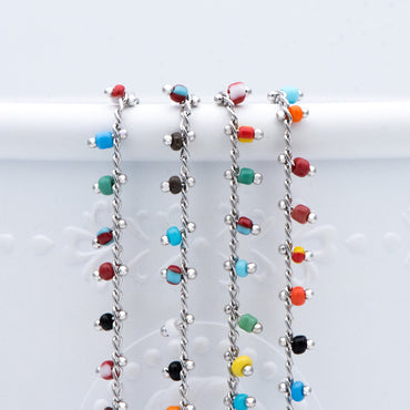 Rhodium plated Brass Beaded Chains, 1.8mm Chain with Glass Seed Beads, Necklace Chain Components (#LK-271-4)/ 1 Meter=3.3 ft