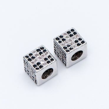 4pcs CZ Pave Silver Cube Spacers 7mm, Rhodium plated brass, Large Hole Square Beads (GB-797-2)