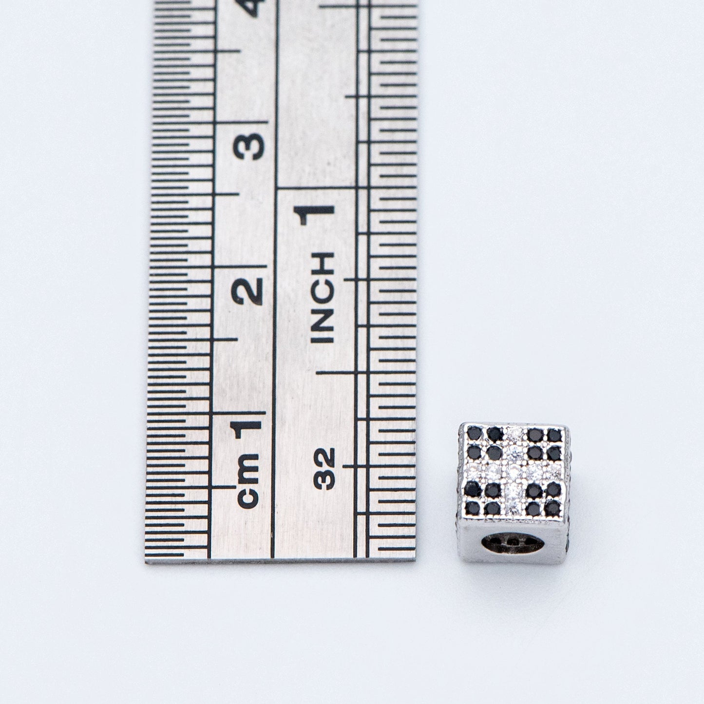 4pcs CZ Pave Silver Cube Spacers 7mm, Rhodium plated brass, Large Hole Square Beads (GB-797-2)