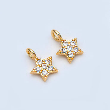 10pcs CZ Pave Gold Star Charm Pendants 8x6mm, Real Gold plated Brass, Color Not Easily Tarnish (GB-162-C)